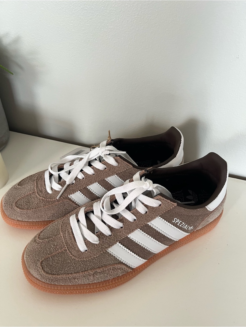 Adidas women’s Spezial Suede Sneakers in Earth Strata & Off White with Gum Sole